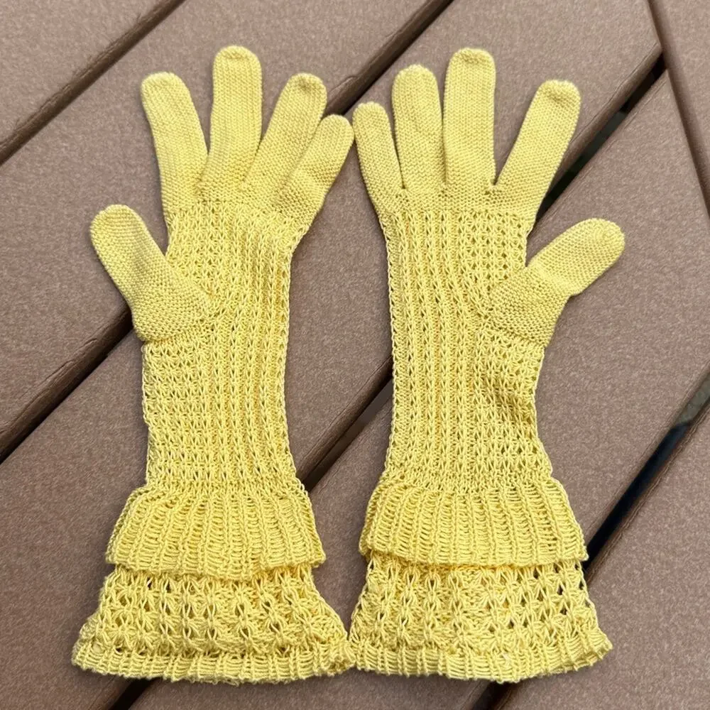 Vintage 40s-50s Yellow Knit Crochet Gloves